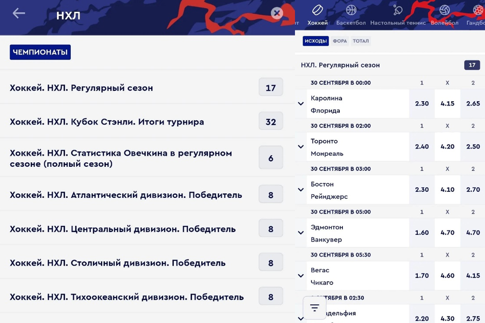 Раздел НХЛ и регулярный сезон в Фонбет