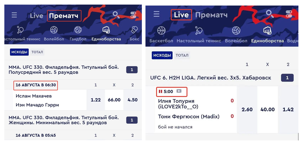 Прематч и Live ставки на смешанные единоборства в FONBET