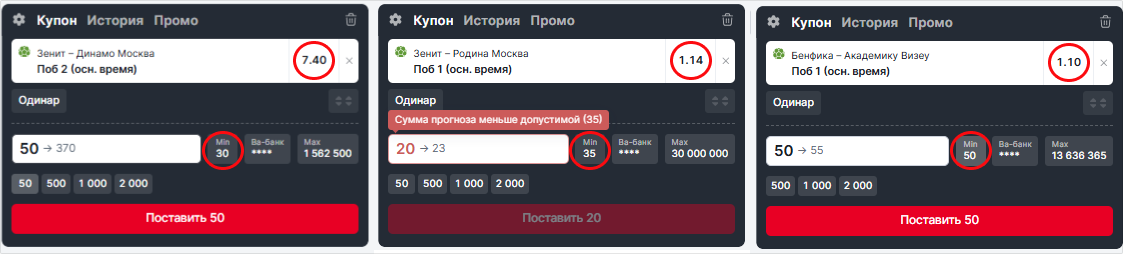 Пример роста минимальной ставки в БК Фонбет