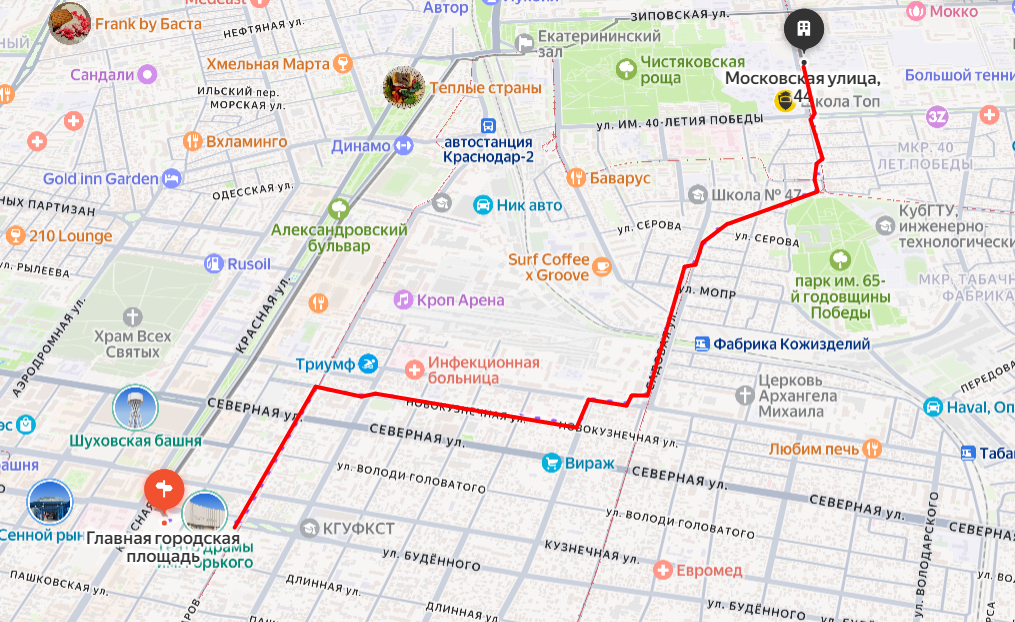 Пеший маршрут от Театральной площади до Московской улицы 44