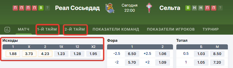 Основное время первый и второй тайм в линии Фонбет